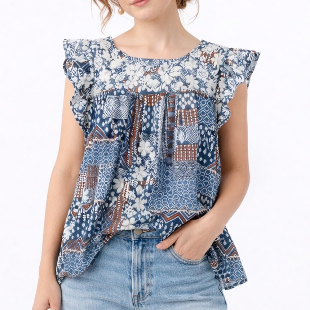 Savanna Jane Boho Patchwork Embroidered Flutter Sleeve Floral Top Size 1X